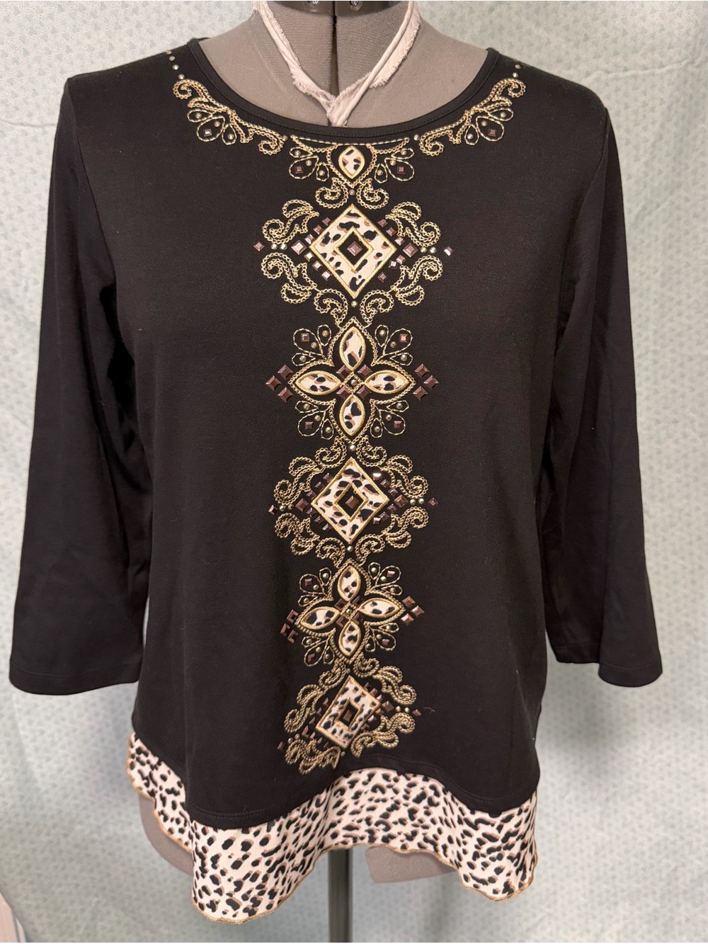 Alfred Dunner Black Long-Sleeve Top with Gold Embellished Front and Leopard-Hem